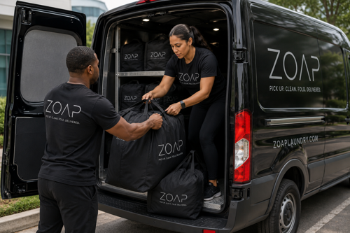ZOAP staff folding and processing laundry at the facility