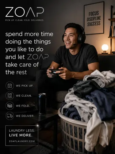 A man relaxing and gaming while ZOAP handles his laundry pickup and delivery