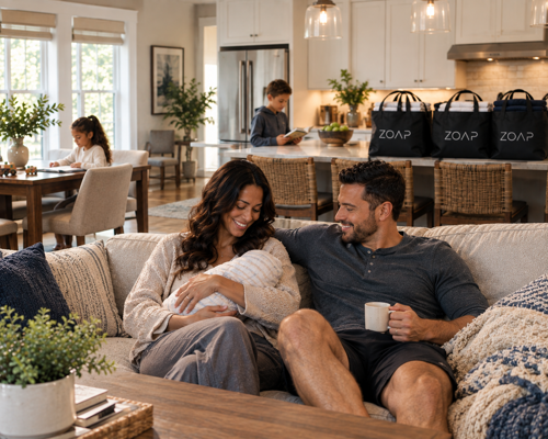 Family relaxing at home with ZOAP laundry bags in the kitchen